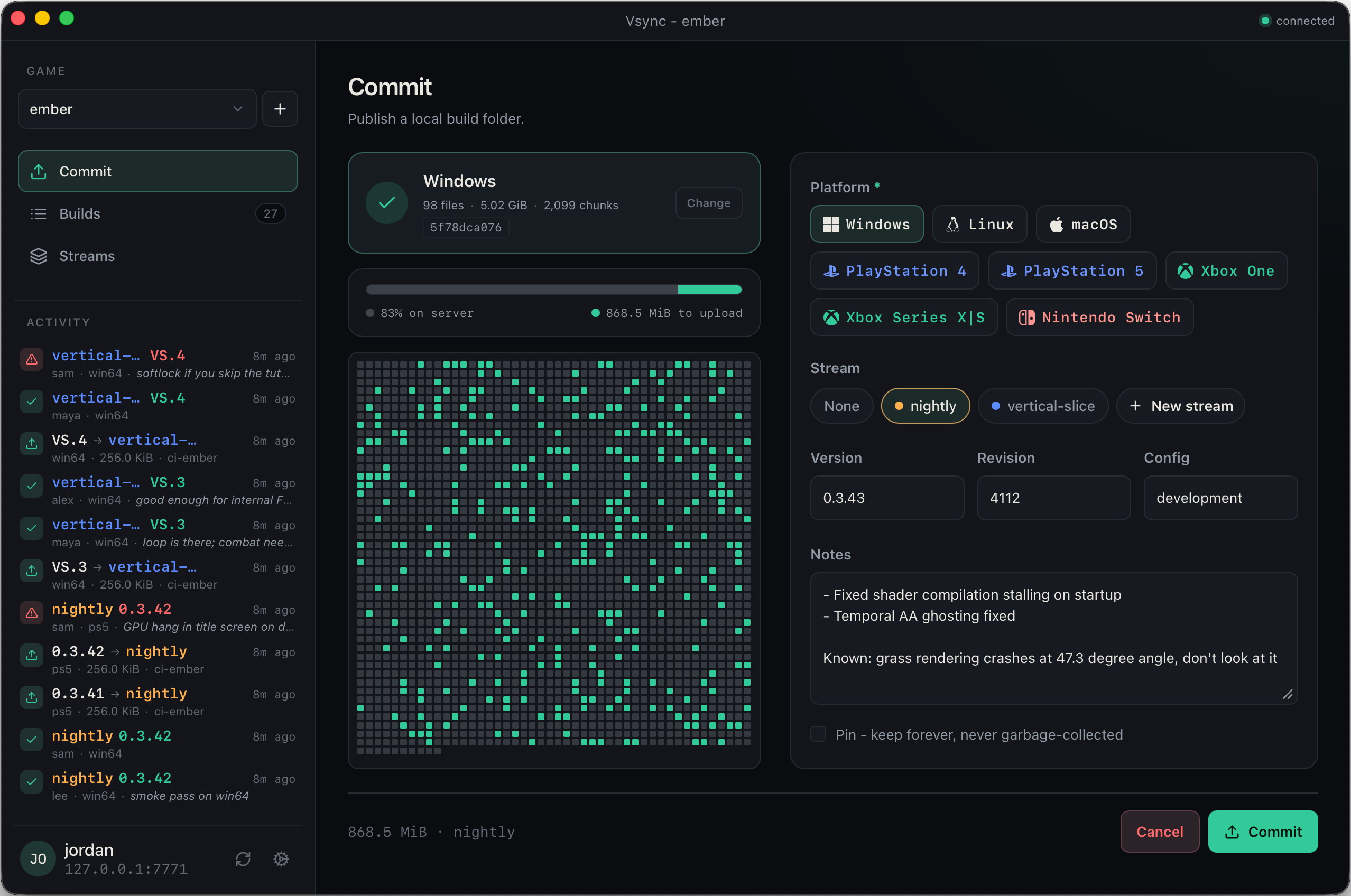Vsync commit view comparing a local build with the server and preparing to upload only the missing chunks