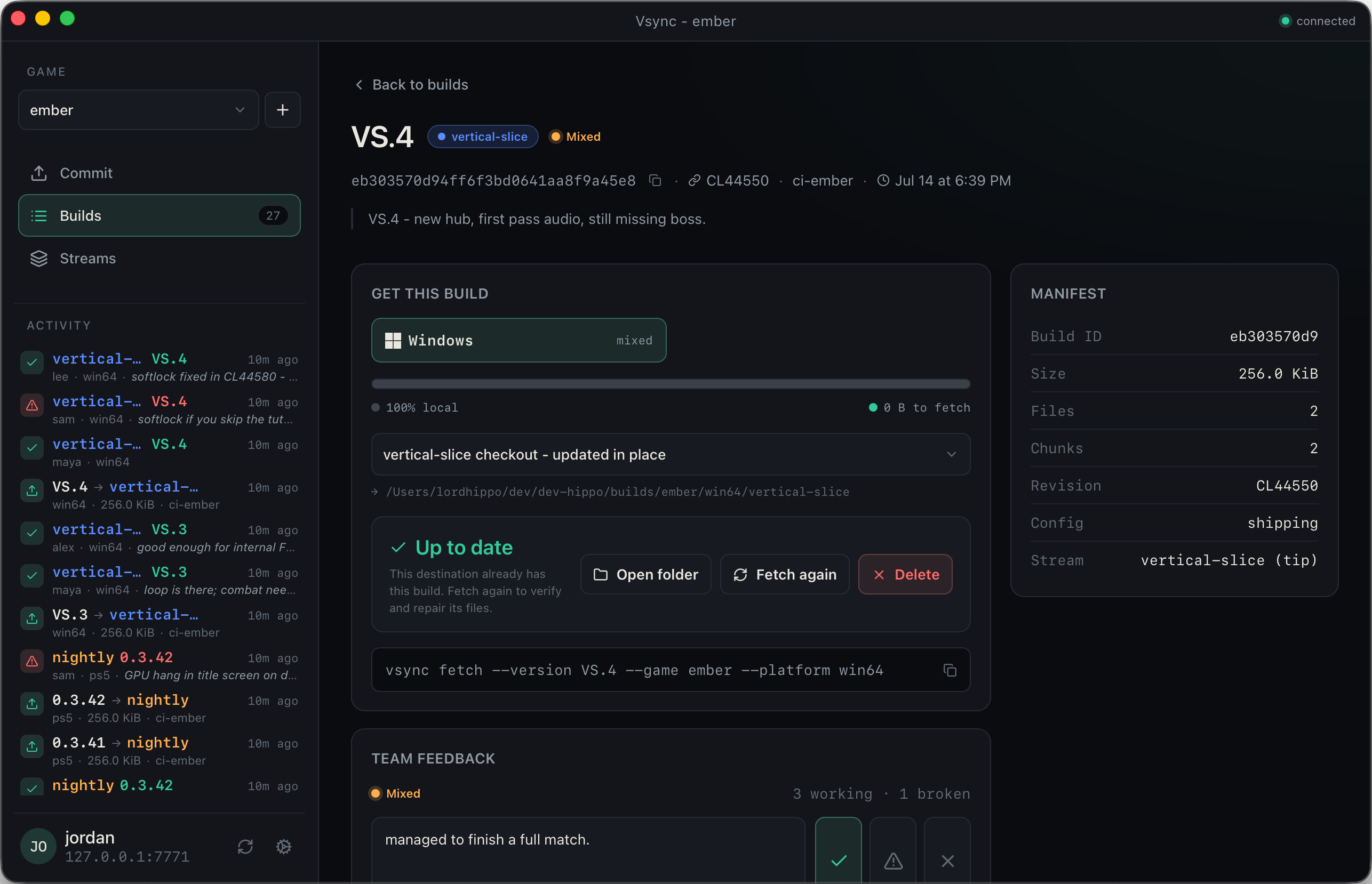 Vsync build detail view for a vertical-slice build, showing it is 100% local with nothing left to fetch