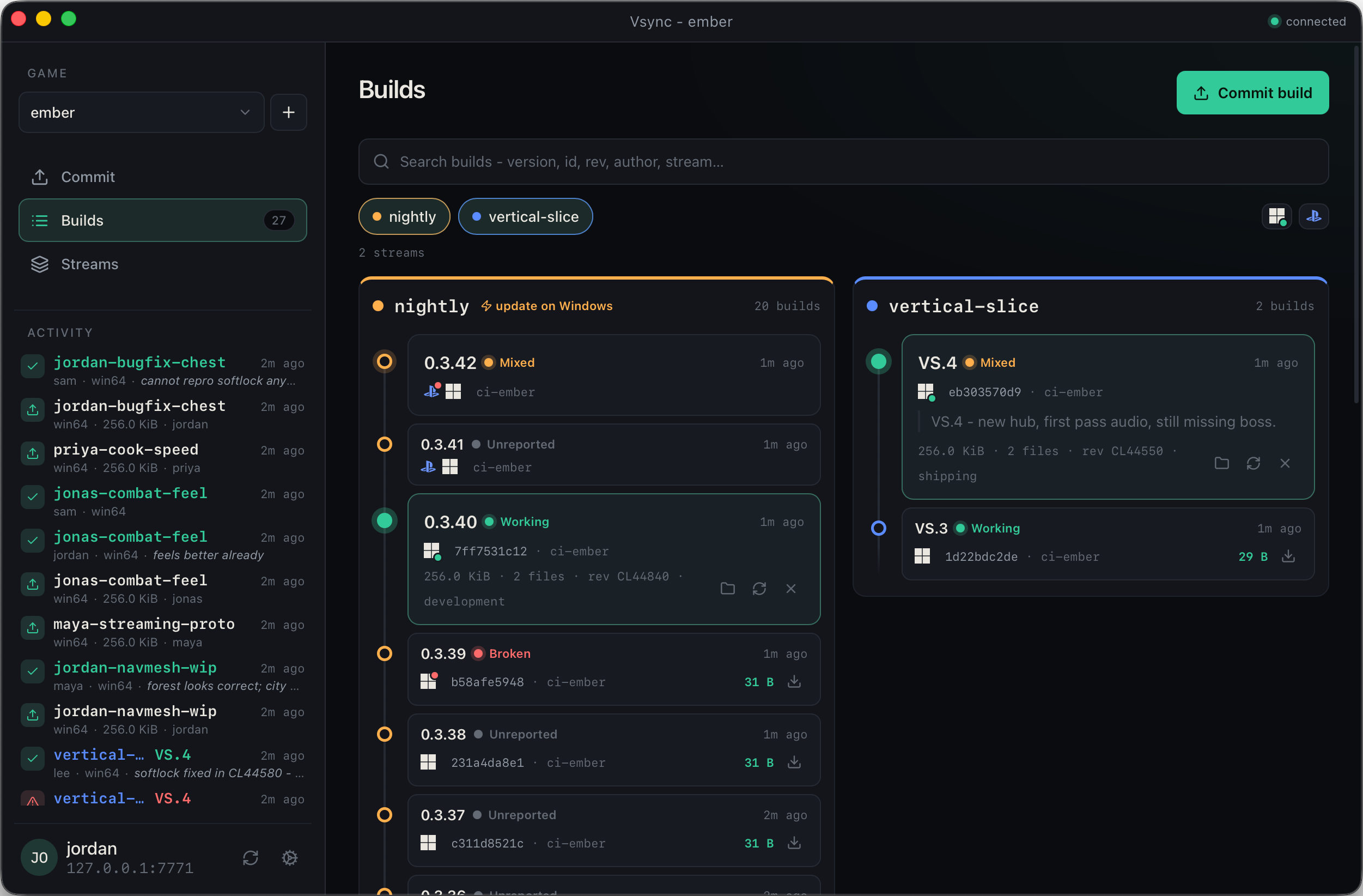 Vsync builds page showing nightly and vertical-slice build chains with versions, team status, and per-platform actions