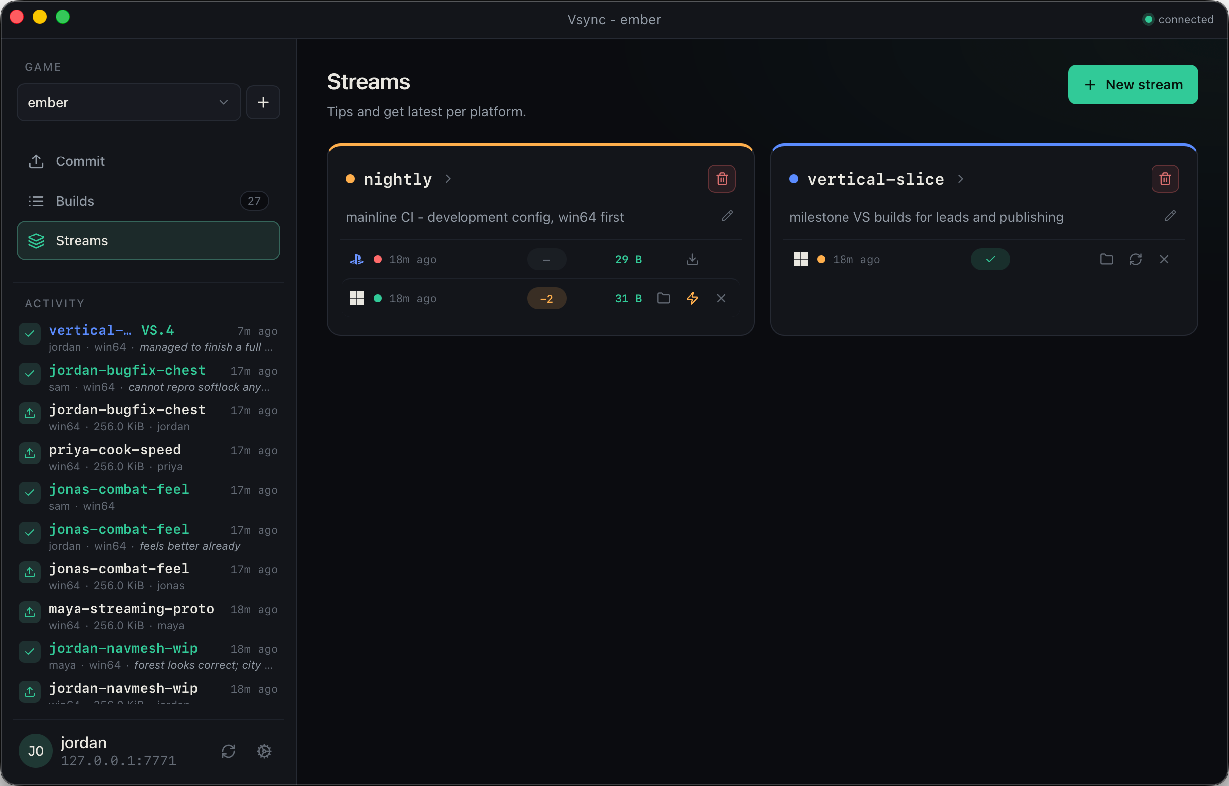 Vsync streams page showing nightly and vertical-slice streams, each with per-platform status and quick actions