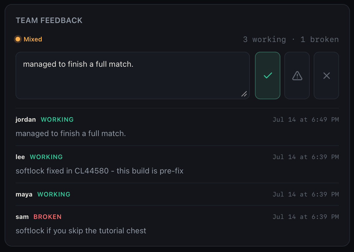 Vsync build list with per-build team feedback status and notes