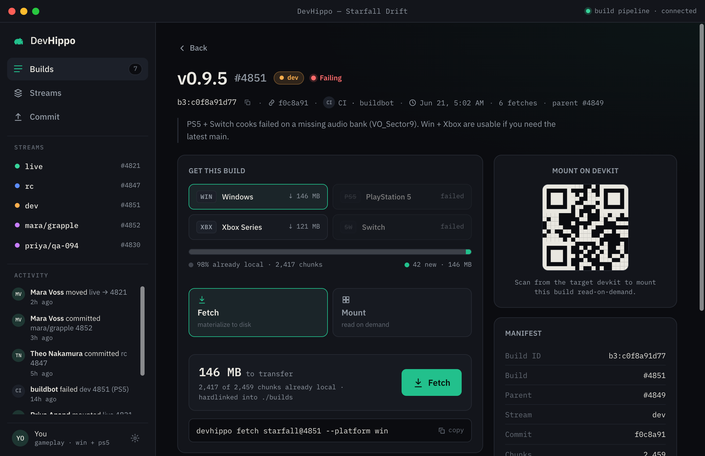 V-Sync build detail view showing platform-specific fetch options