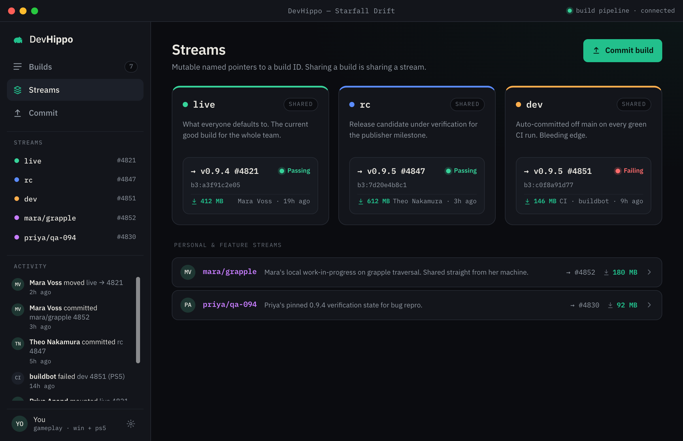 V-Sync streams view with live, release candidate, and development builds