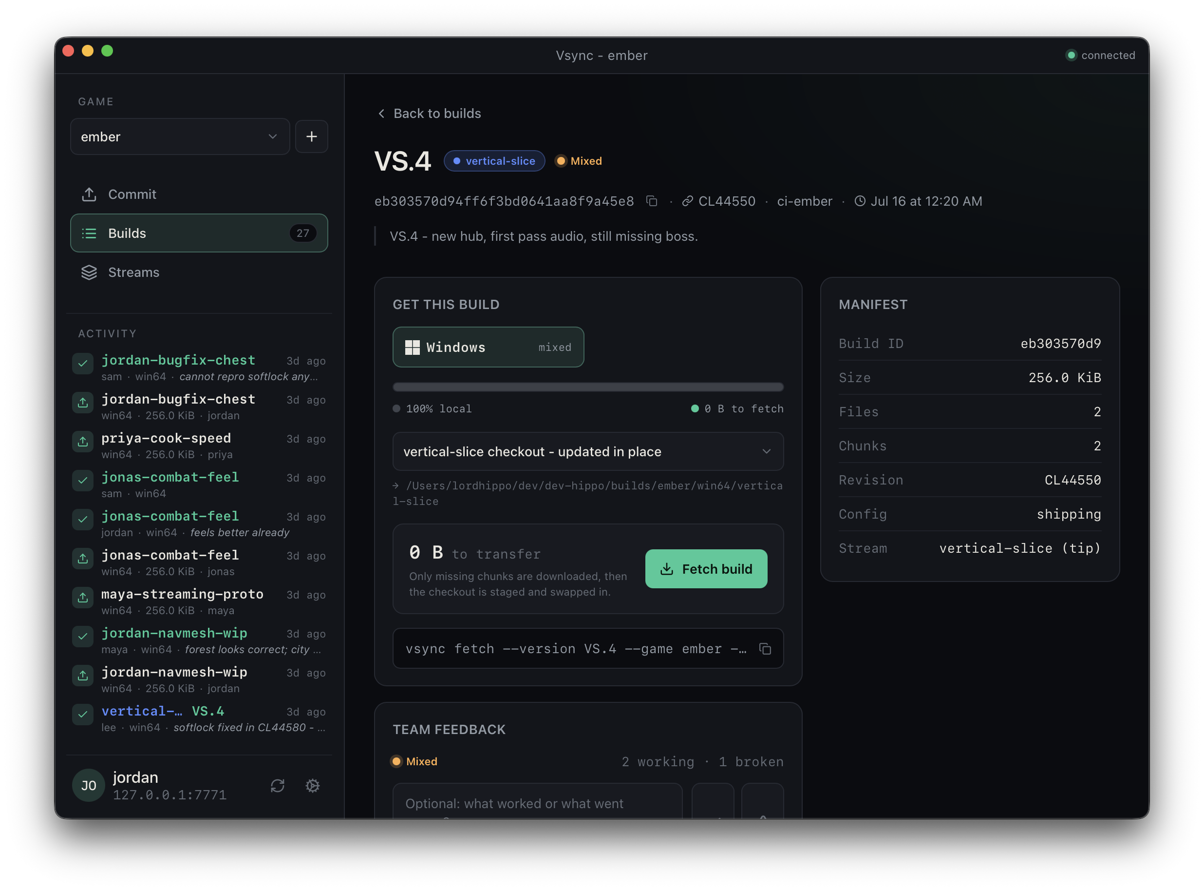 Vsync build detail with the platform, checkout destination, and download action