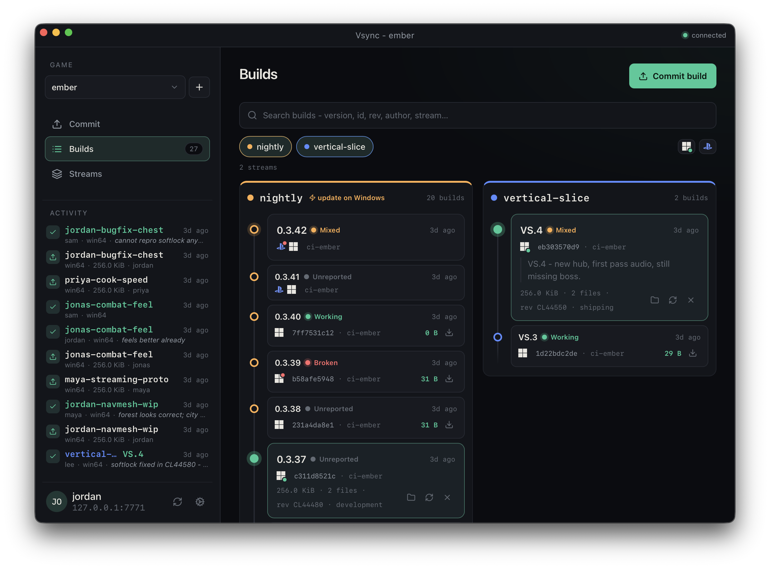 Vsync Builds page with the game picker, streams, platforms, and available builds