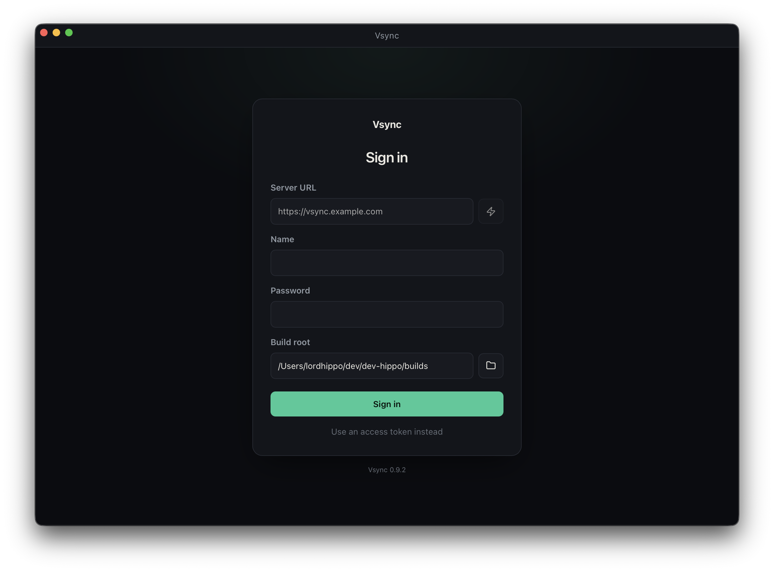 Vsync sign-in screen with the server URL, connection check, account fields, and build root